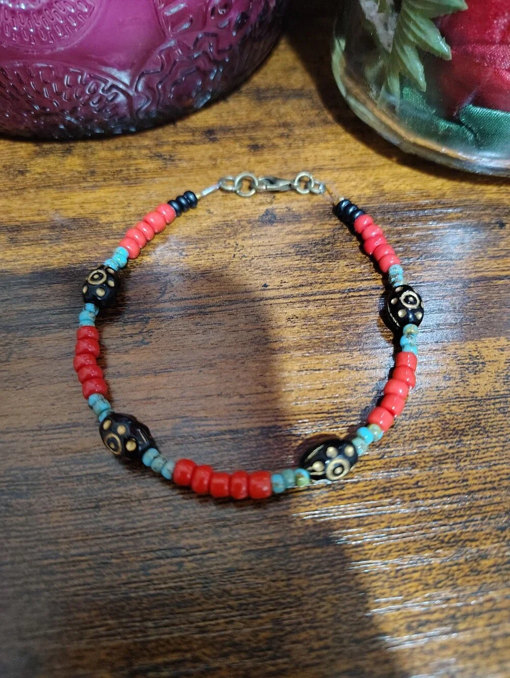 Handcrafted Coral Red & Turquoise Men's Beaded Bracelet with Black Accent Beads